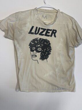 Luzer Graphic Tee Mens Medium Distressed Cream Band Style T Shirt
